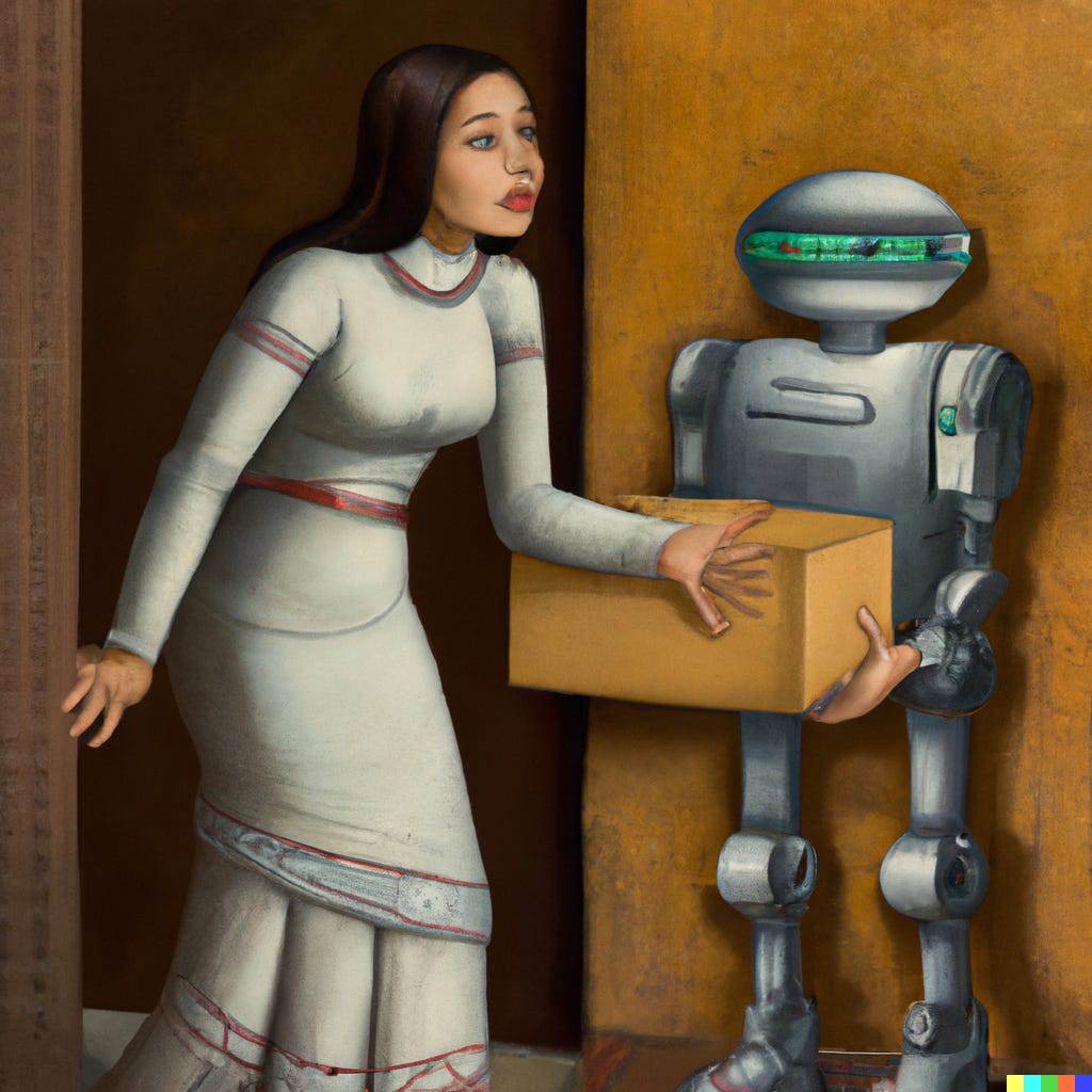 DALL·E 2022-07-20 20.37.48 - A robot delivering package to the person, medieval painting.png