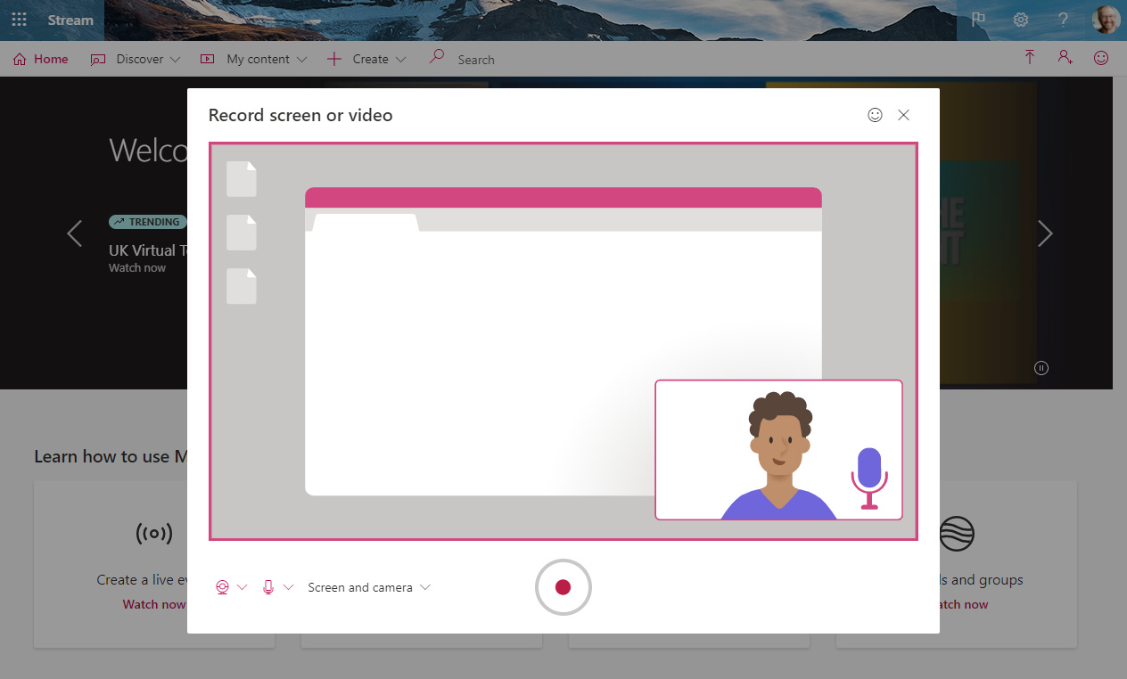 Click Create > Record screen or video to begin recoding directly into Stream. 