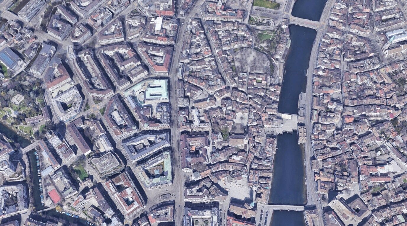 Aerial view of Zurich. On the right is the traditional, organic city, and on the left is the city planned by engineers. (Image via Google Maps.)