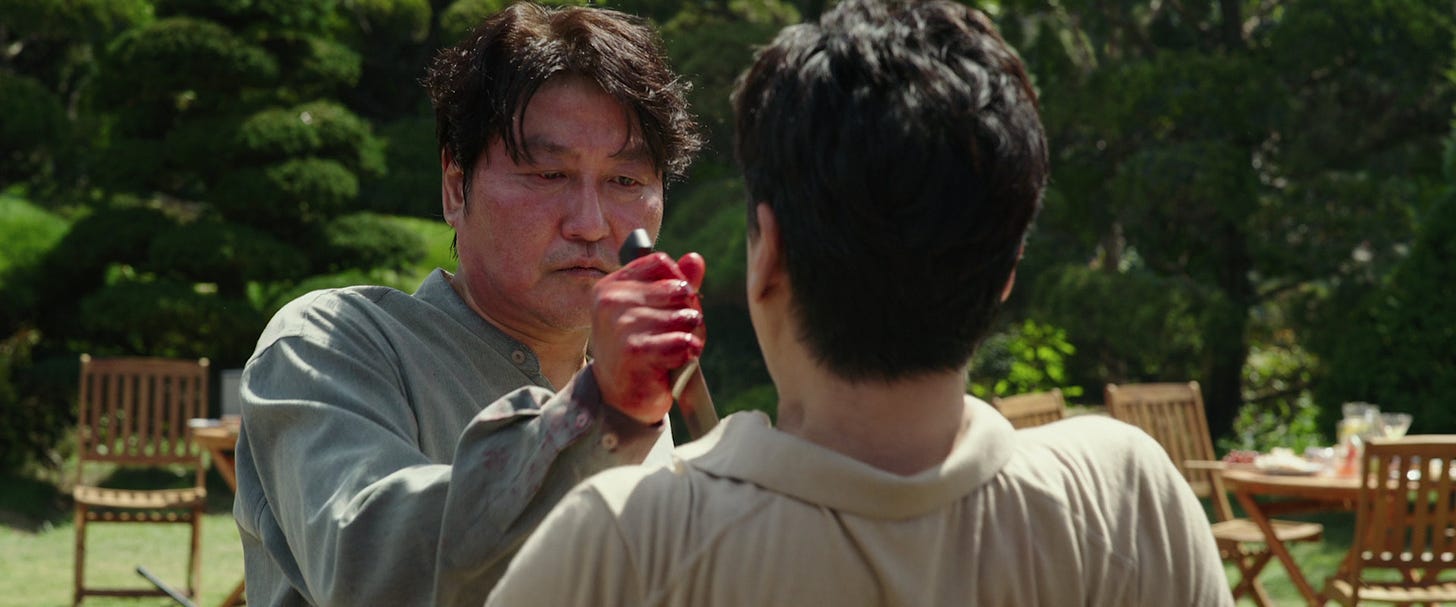 In Parasite (2019), if you look closely, you can see that Mr Kim stabs Mr  Park. This is due to Mr Kim just checking if Mr Park was actually bakery  art, as