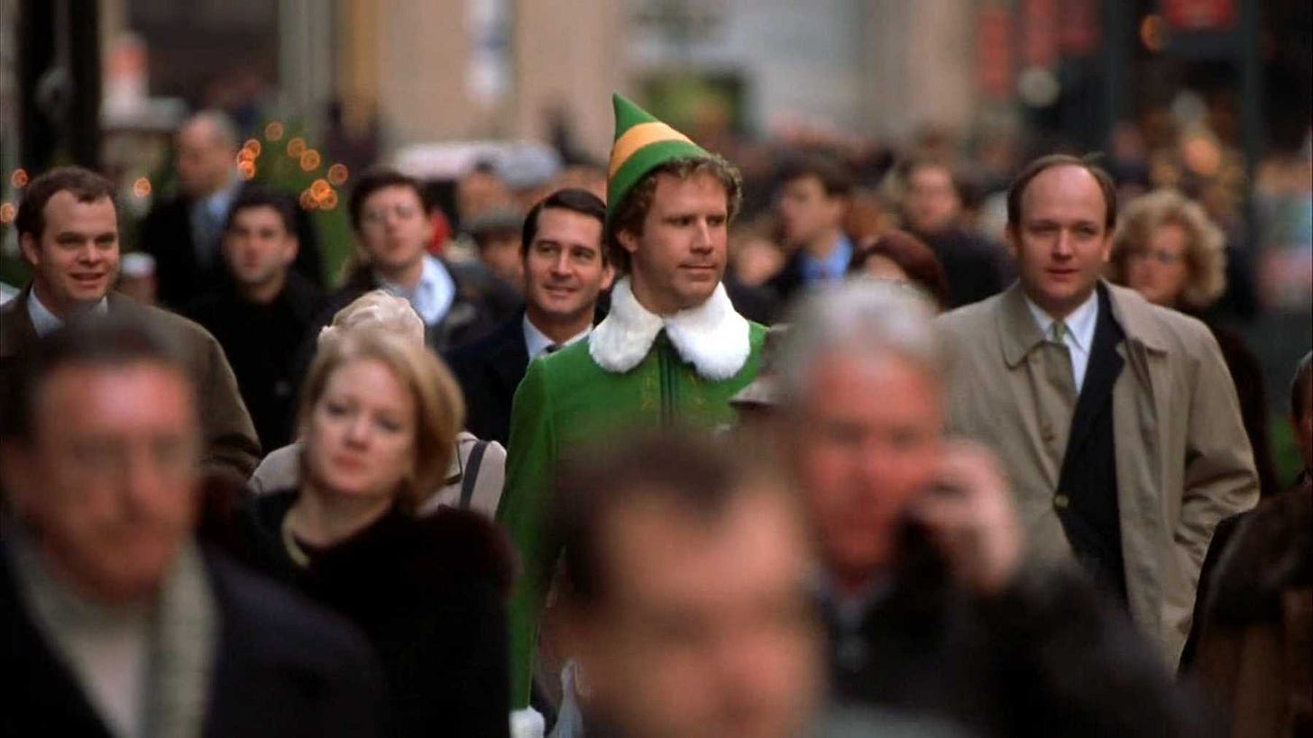 Will Ferrell walking down the streets of NYC in Elf