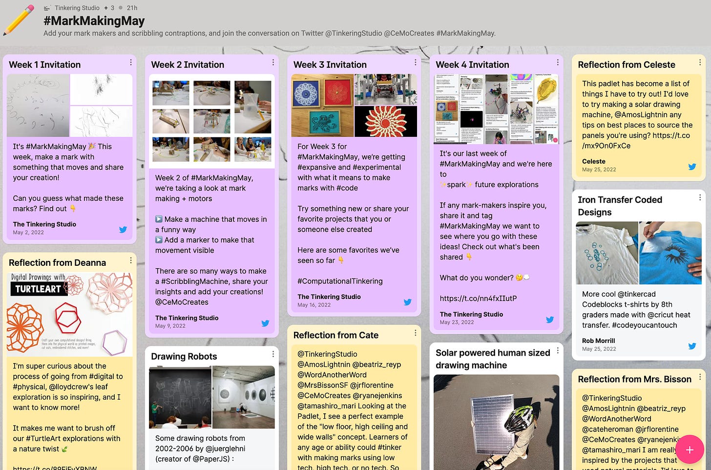 A screencapture of a padlet gallery titled #markMakingMay. Several posts are included in the image. Some of the posts highlight invitations for each week of Mark Making May, some are reflections from people who participated, and some are examples of mark making projects. Many of the posts are links to twitter posts.