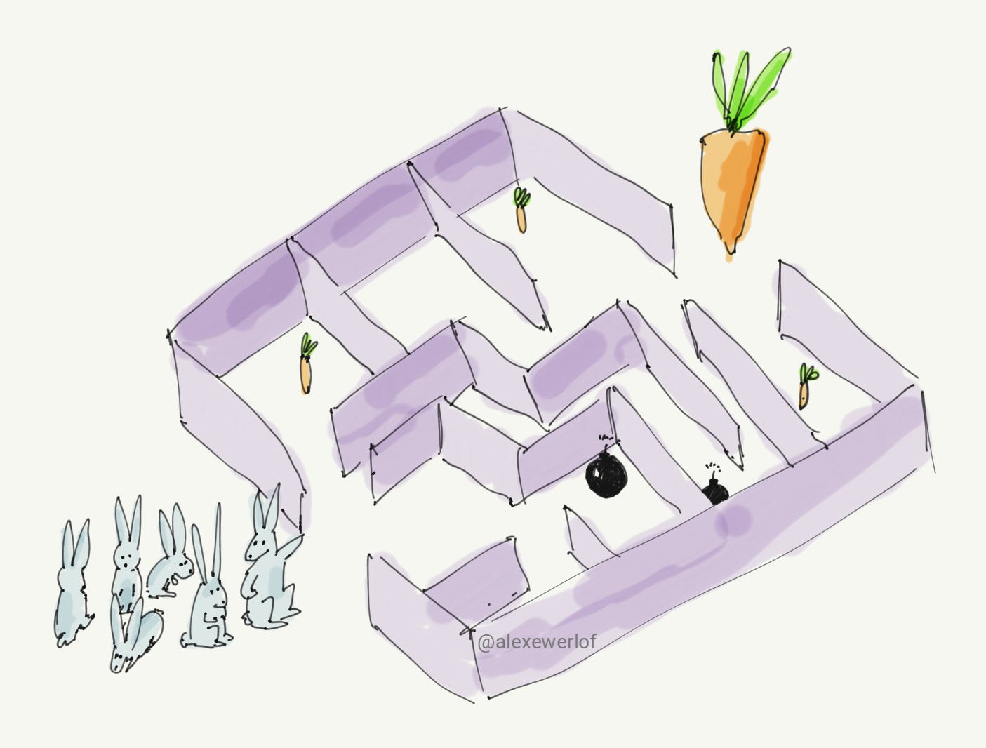 a drawing of a maze with rabbits on one side and carrot on the other.