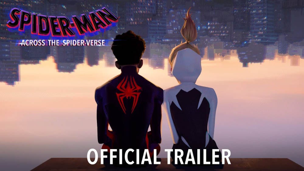 Miles Morales and Gwen Stacey hanging upside down in Spider-Man: Across the Spider-Verse