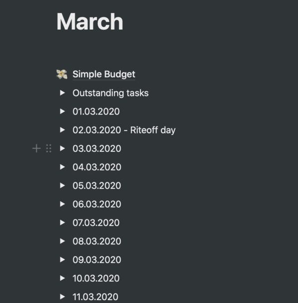 Daily toggles for the month of March