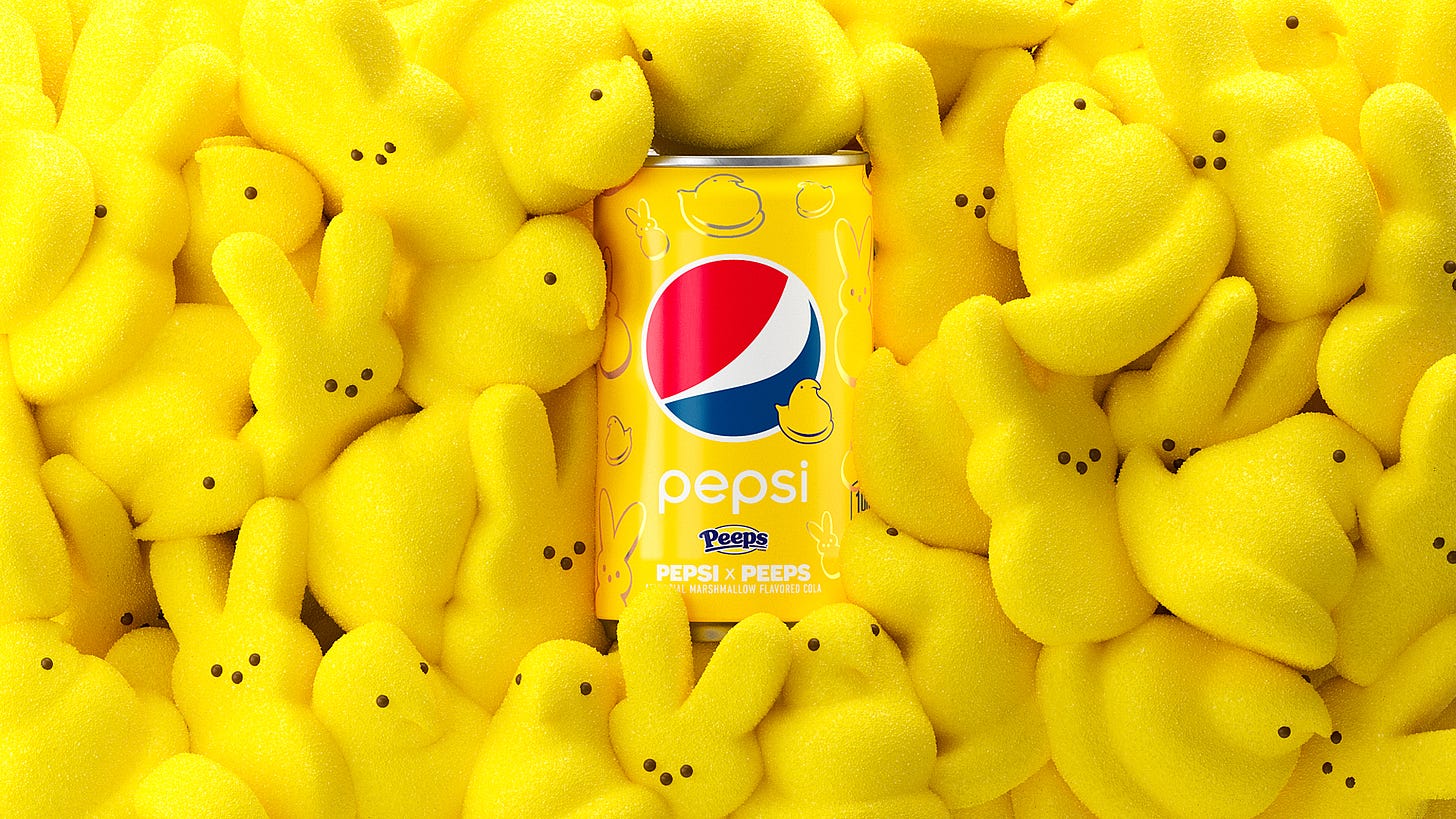 Picture of the Peeps Pepsi can and a lot of yellow peeps.