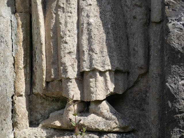 St. Colmcille's Well, Calliaghstown, Co. Meath, View of the carved figure's legs