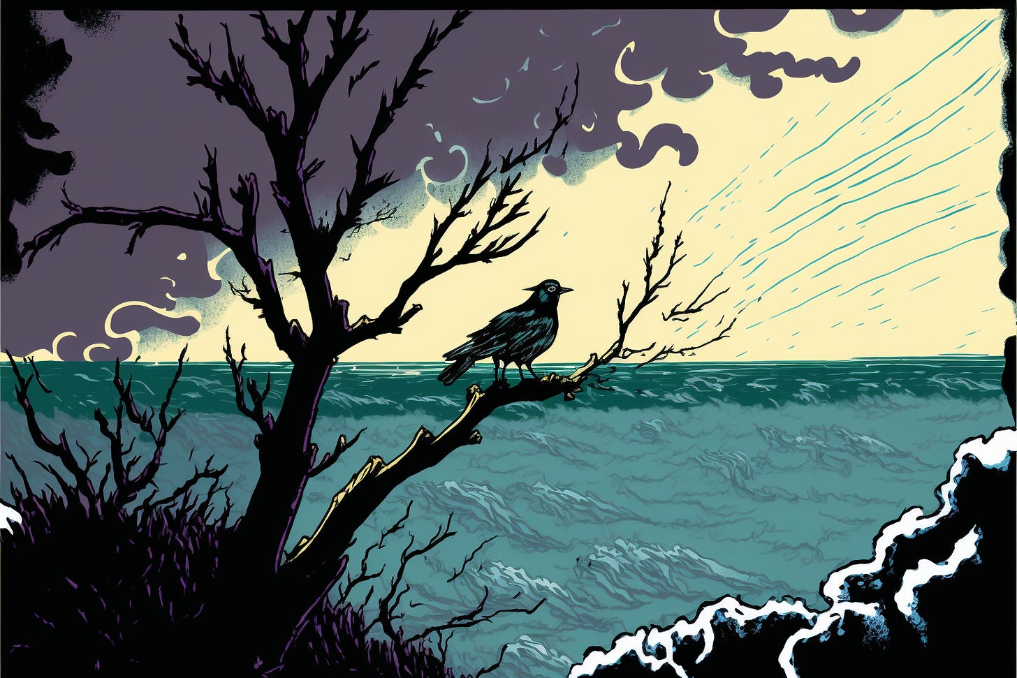 silhouette of a bird on a branch looking out over a turbulent ocean, graphic novel 
