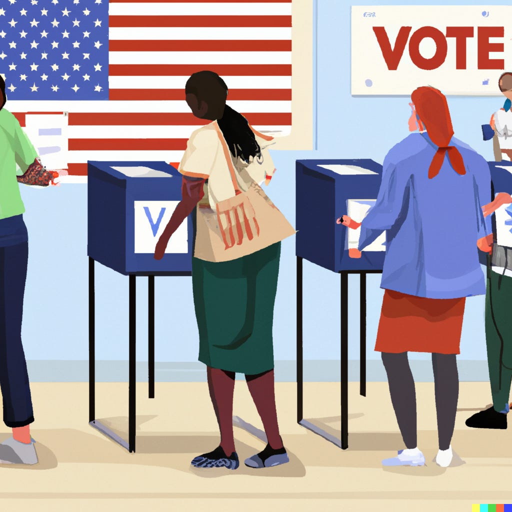 AI-generated image by OpenAI’s DALL-E for the prompt “citizens voting in a beautiful democracy, digital art”