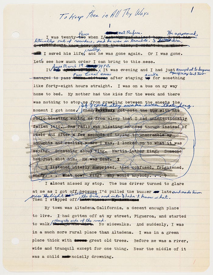 This image shows a typed manuscript page from Octavia E. Butler's working draft of Kindred, then titled To Keep Thee in All Thy Ways. It includes Butler's handwritten notes and revisions in both pencil and blue-pen markings.