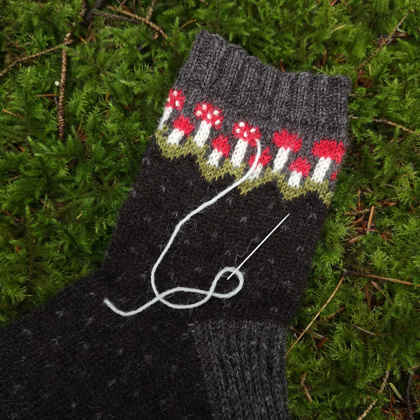 Image description: a hand knitted sock lies of a bed of squishy moss. The sock is mostly darkest brown with mid brown heel and cuff and colourwork spots. Around the ankle is a zig zag of green, and growing up from there is a parade of fly agaric musrooms: white stalks, red caps, and the characteristic spots are in the process of being embroidered. A needle threaded with white yarn lies atop the sock.