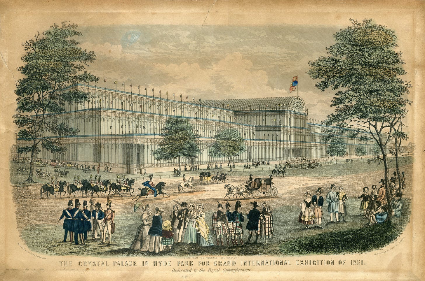 Enormous iron and glass greenhouse with Victorian people and horses outside