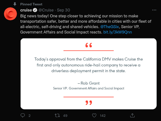 Cruise tweet about receiving a driverless deployment permit from California DMV