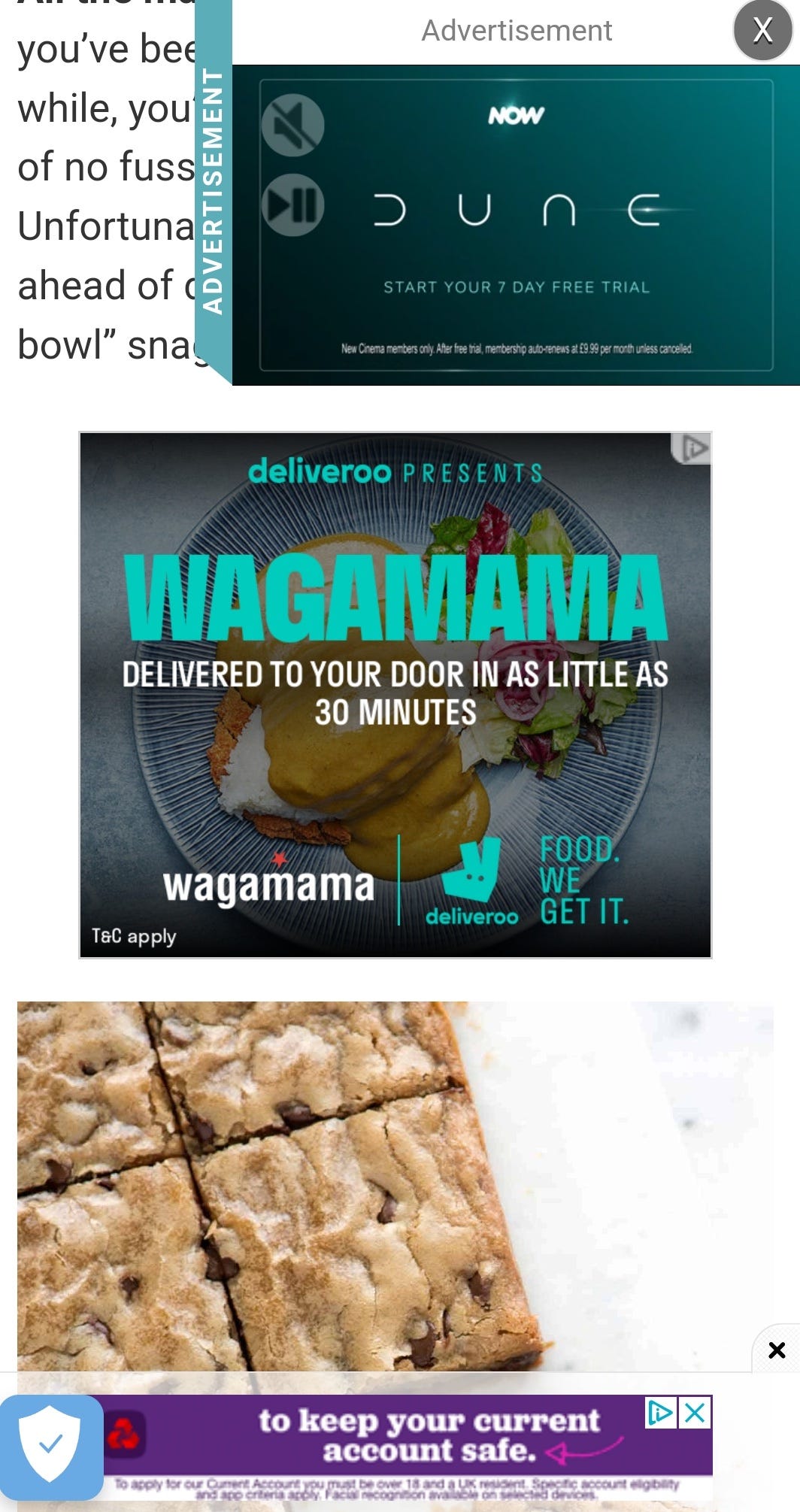 Recipe website leading to overstimulation: the screen is covered by adverts and videos that play automatically