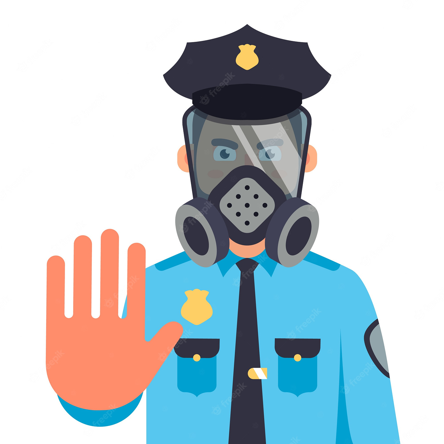 Premium Vector | A policeman in a gas mask shows a stop hand. flat  character illustration.