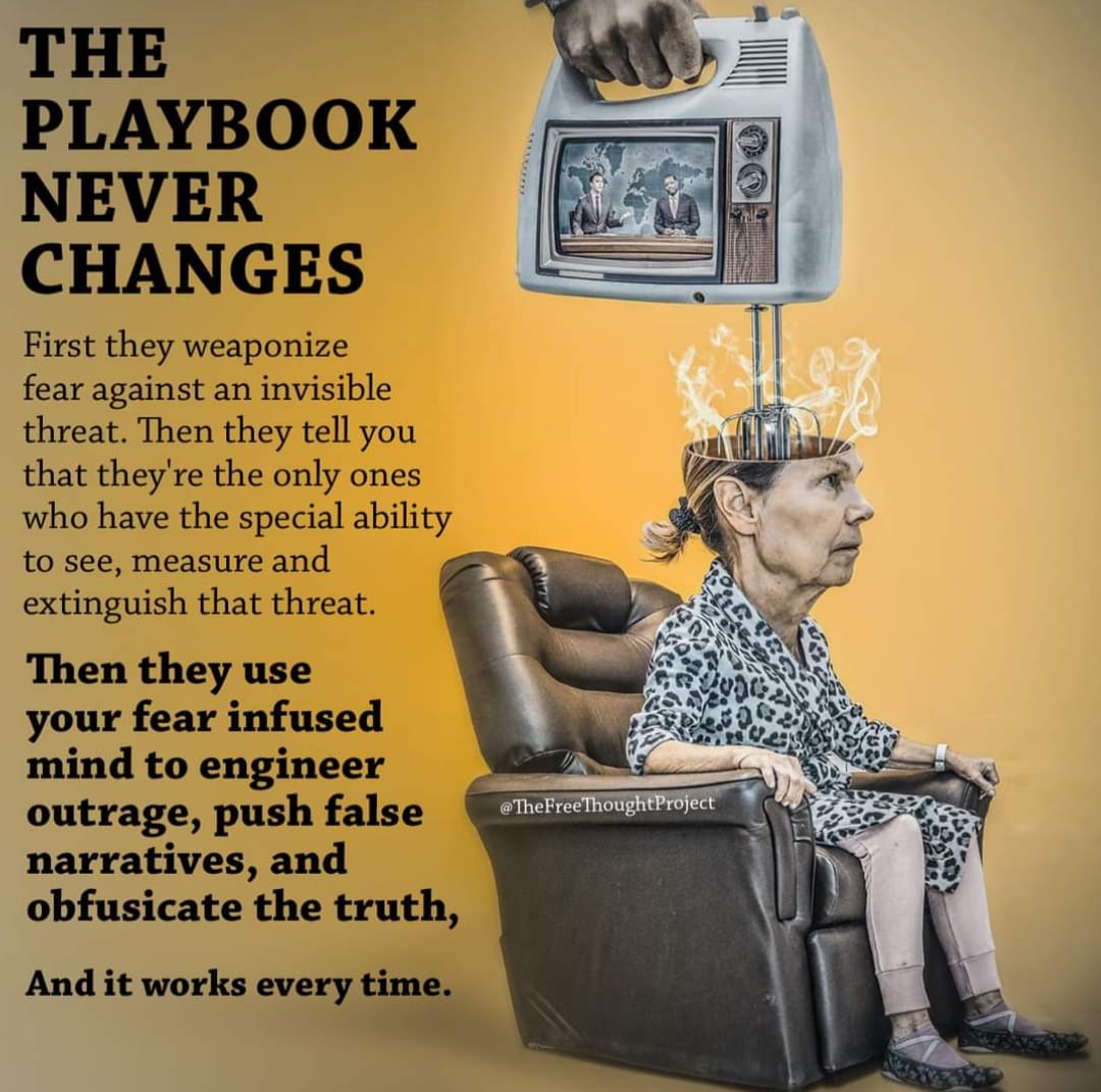 May be an image of 2 people and text that says 'THE PLAYBOOK NEVER CHANGES First they weaponize fear against an invisible threat. Then they tell you that they'r re the only ones who have the special ability to see, measure and extinguish that threat. Then they use your fear infused mind to engineer outrage, push false narratives, and obfusicate the truth, @TheFreeThoughtProject And it works every time.'