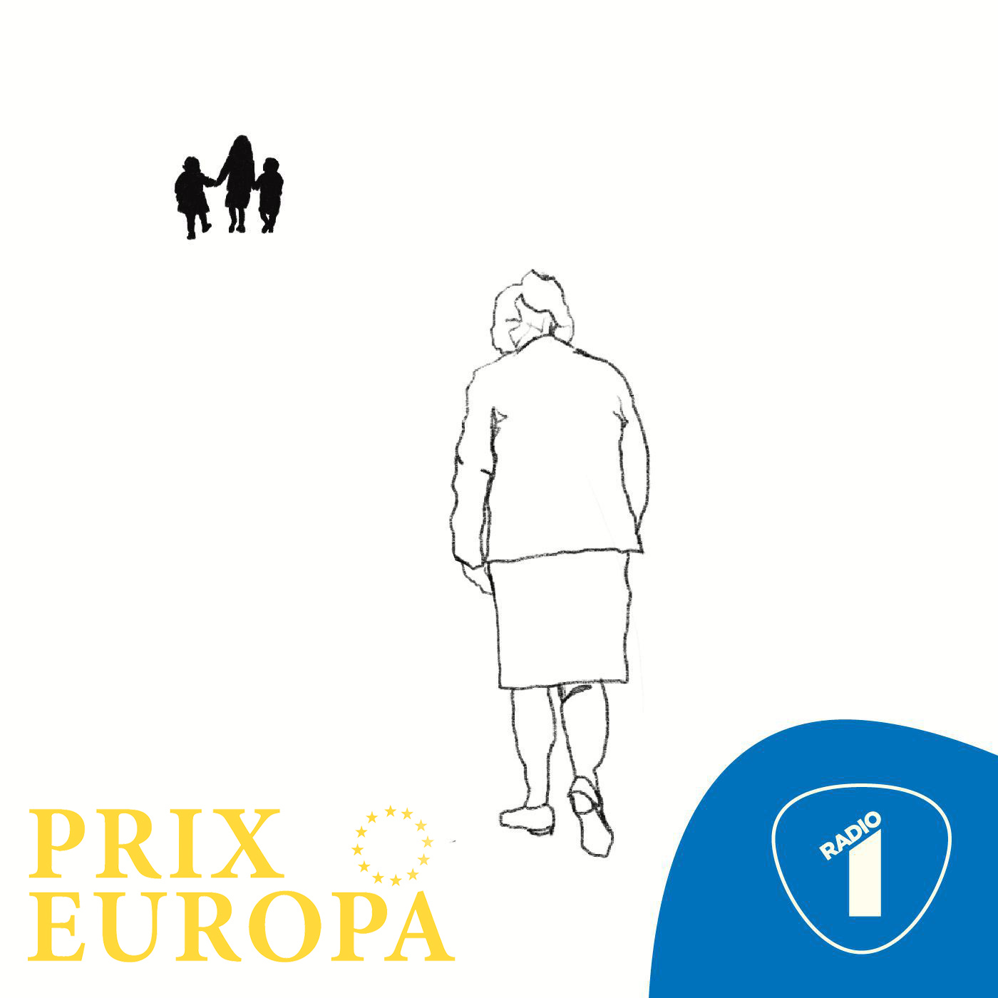 artwork van Drie Dagen. Je ziet getekend in zwart wit een oude vrouw lopen, met de rug naar het beeld toe. In de verte kinderen die ook weglopen. Onderaan het logo van de Prix Europa en VRT Radio 1