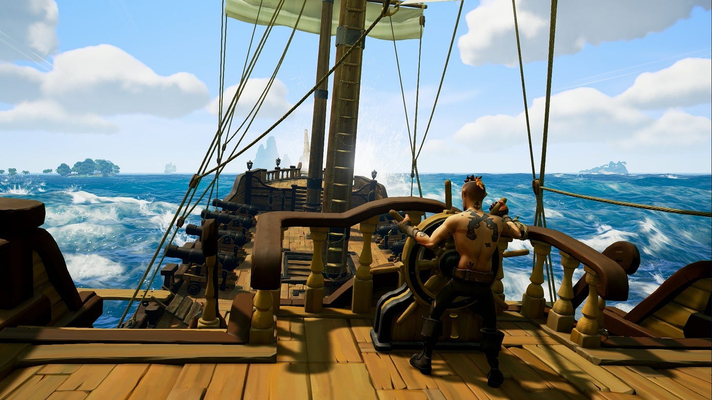 Pirate steering a brigantine across the sea