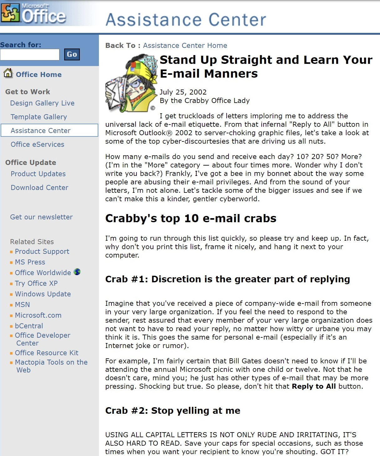 Example web page of the Crabby Office lady from July 25, 2002 showing a how to article.