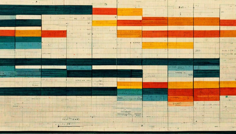 A painterly representation of a planning document grid, possibly split by time periods, products, or work-stages, with more yellow and red filled grid areas towards the right hand side, and blue ones towards the left. It evokes a plan without being anything specific.