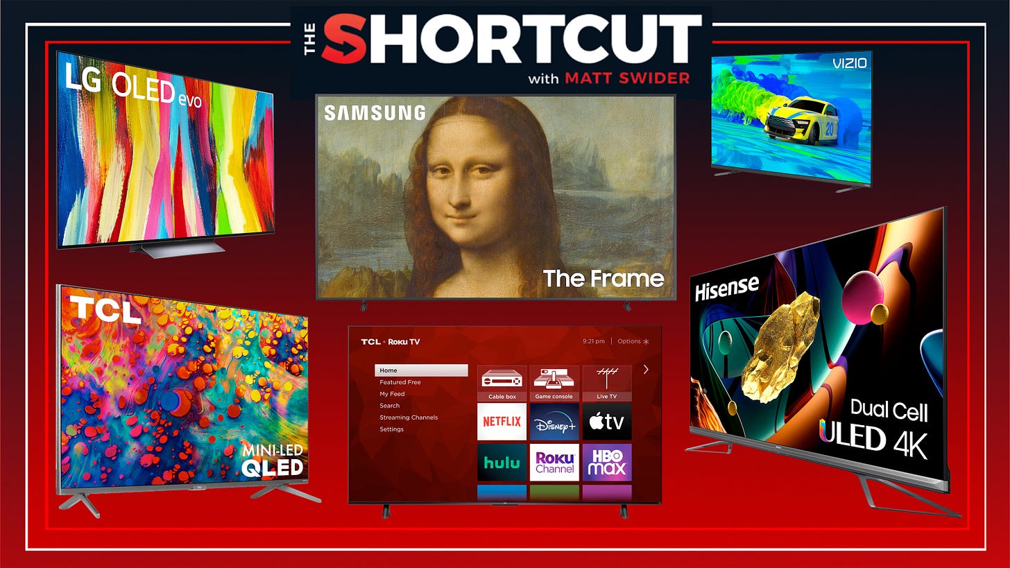 Several TVs on a red-to-black gradient background with The Shortcut logo centered at the top