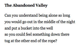 The Abandoned Valley. Can you understand being alone so long you would go out in the middle of the night and put a bucket into the well so you could feel something down there tug at the other end of the rope?