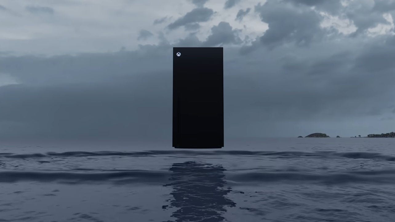 An Xbox Series X hovering above an ocean