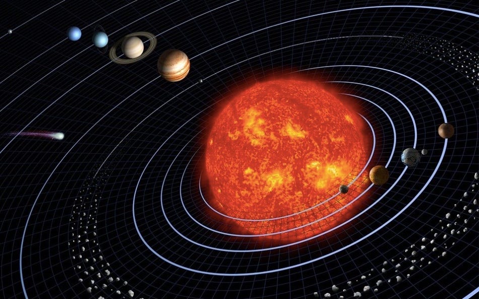 Planets, asteroids and comet on the grid via Pixabay: https://pixabay.com/illustrations/solar-system-planet-planetary-system-11111/