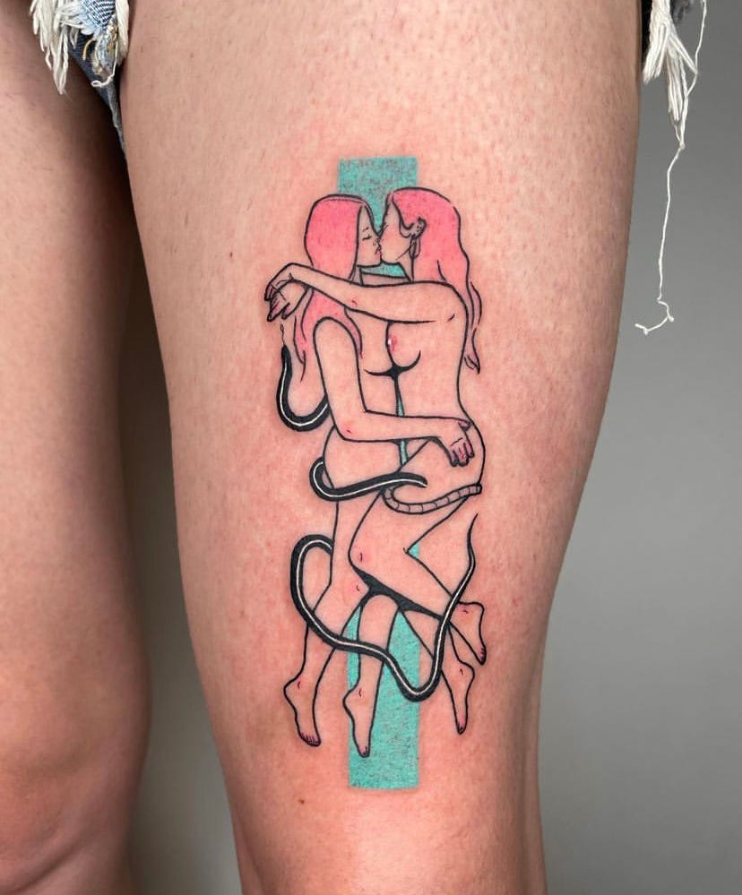 a tattoo on emme's thigh, 2 women, naked, kissing with a snake intertwined