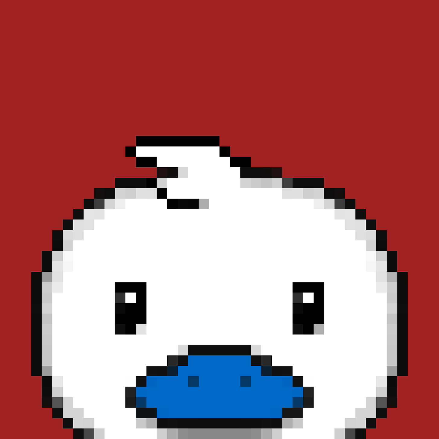A pixel art white duck with blue bill on red background