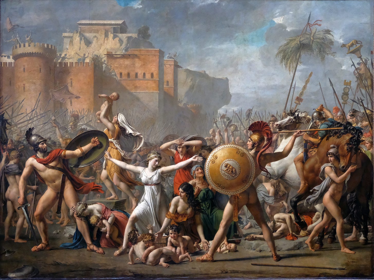 A large scale history portrait in the academic style. A woman is the central figure, stopping fighting on either side of her. This painting depicts the Sabine women ending the fighting between the Sabines and the Romans, the event leading the union of the two cultures.