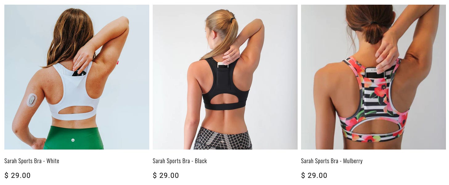 Three pocket-centric photos of models displaying how large of a phone they can stuff in their Senita sports bras' back pockets.