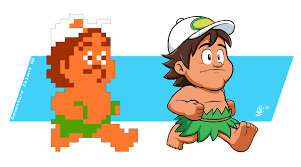 Art featuring a large-scale Master Higgins from his first NES adventure, and the same character from the WiiWare release of an Adventure Island game