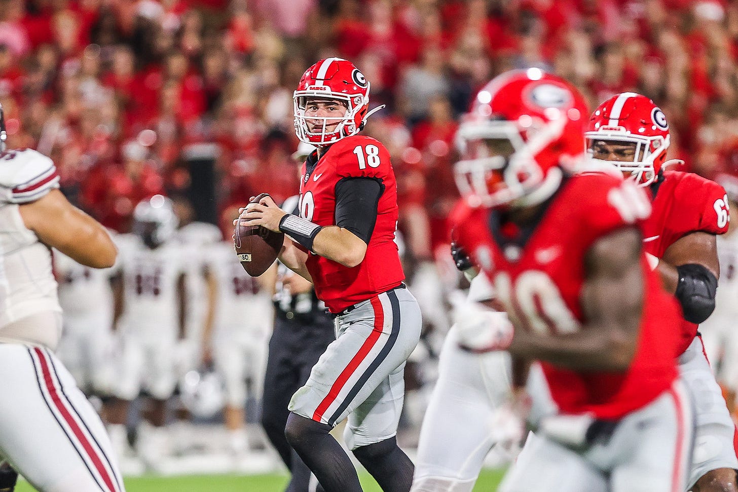 Georgia quarterback JT Daniels (18) during the Bulldogs’ game against South Carolina in Athens, Ga., on Saturday, Sept. 18, 2021. (Photo by Mackenzie Miles) Georgia quarterback JT Daniels (18) during the Bulldogs’ game against South Carolina in Athens, Ga., on Saturday, Sept. 18, 2021. (Photo by Mackenzie Miles)