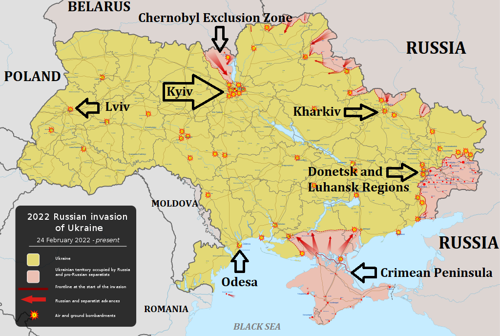 Russian invasion of Ukraine: Ground situation on February 25, 2022 (Image: Viewsridge, CC BY-SA 4.0, via Wikimedia Commons) (Image modified to add names of places)