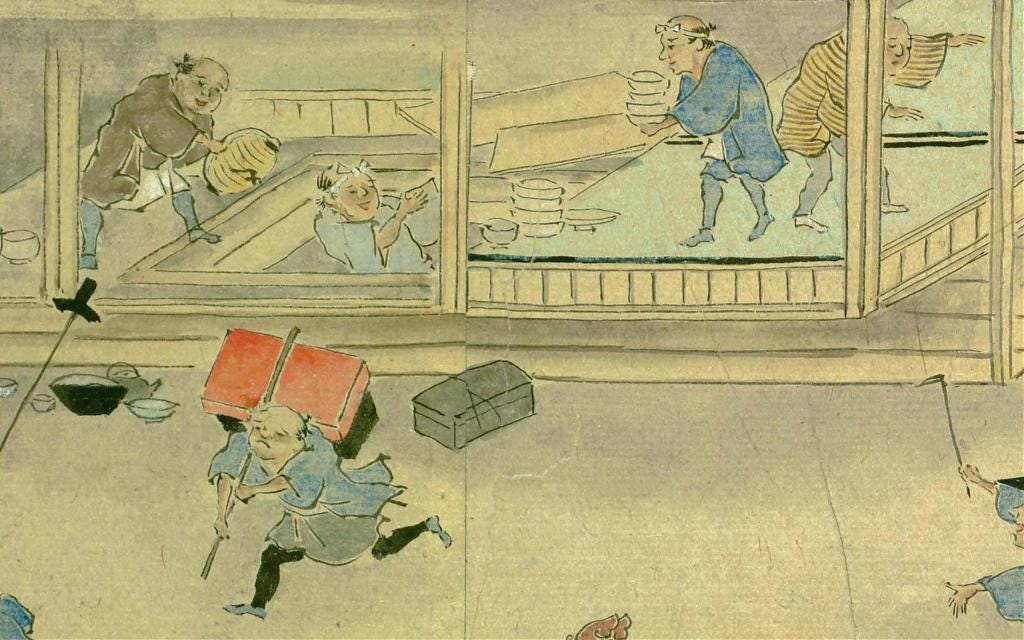 Storing valuables in an anagura during the Great Meiwa Fire, 1772