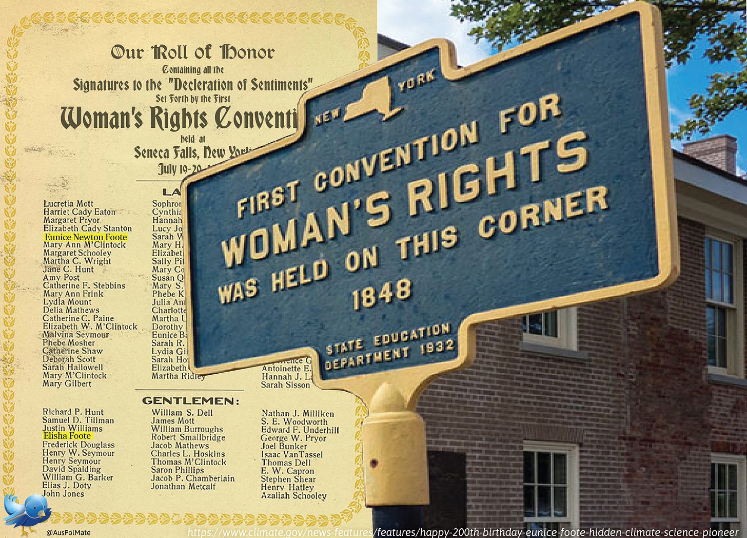 Left: ‘Declaration of Sentiments’ — Right: Sign where the convention was held 