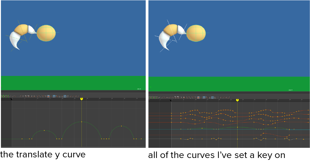 side by side comparison of the same image in Maya, with a ball with a tail. the image on the left shows just the y-translate curve, while the image on the right shows eight additional curves.