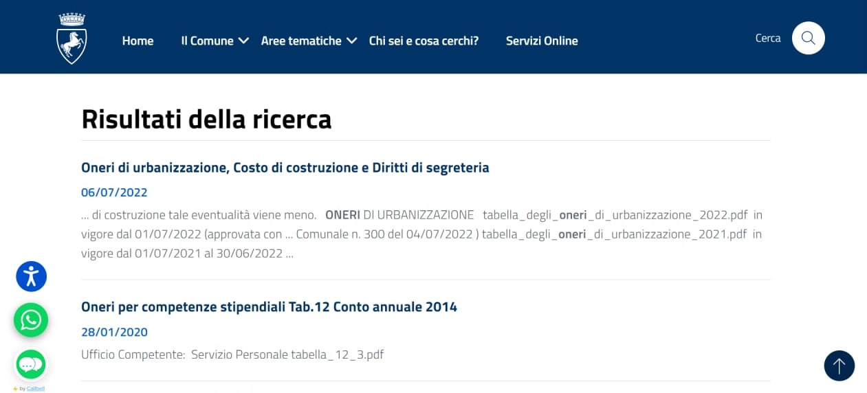 Pagina sugli oneri di urbanizzazione del sito web del Comune di Arezzo
