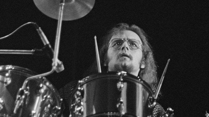 Drummer John Hartman performing with American rock group The Doobie Brothers at the Rainbow Theatre, London, 31st January 1974. (Photo by Michael Putland/Getty Images)