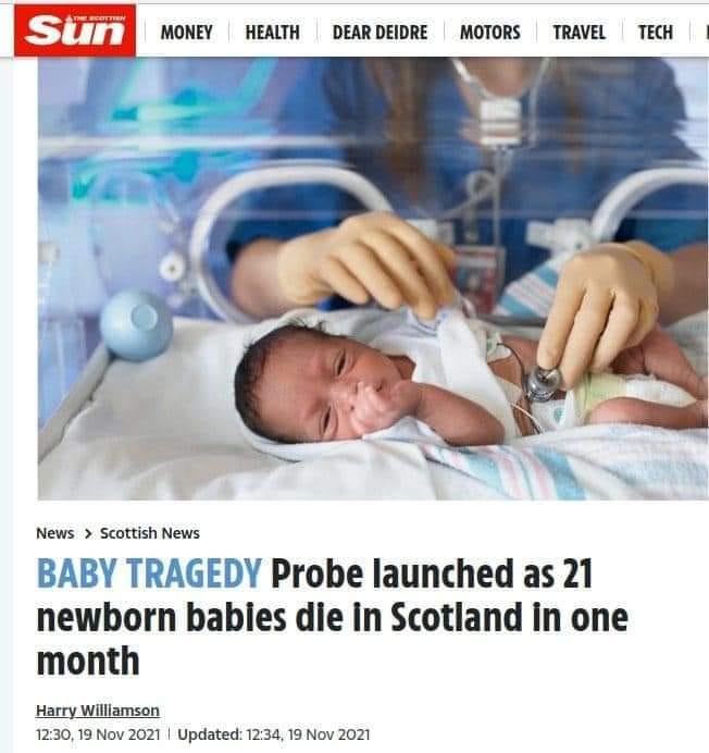 May be an image of 1 person, child and text that says 'Sün MONEY HEALTH DEAR DEIDRE MOTORS TRAVEL TECH News > Scottish News BABY TRAGEDY Probe launched as 21 newborn babies die in Scotland in one month HarryWilliamson 12:30, 19 Nov 2021 Updated: 12:34 19 Nov 2021'