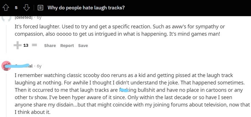 A screenshot of a Reddit discussion on laugh tracks.
