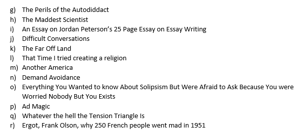 A less insane person would have links to all these essays