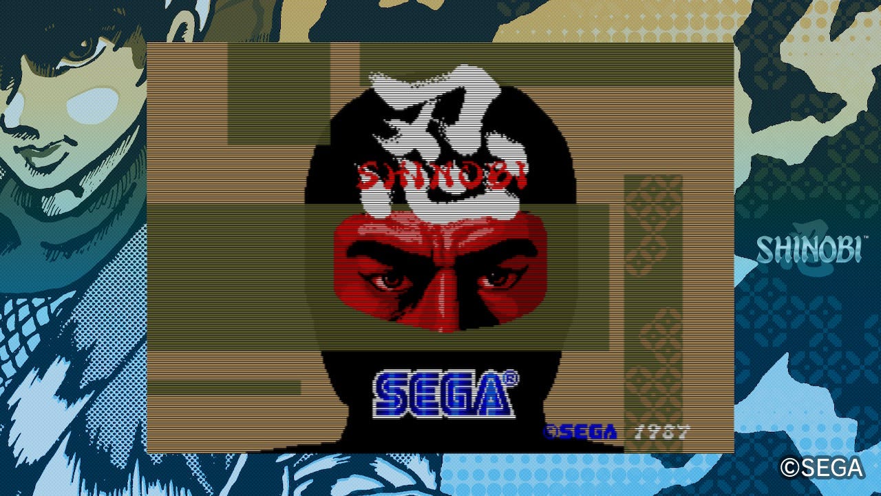 A screenshot of the title screen for 1987's Shinobi, captured within the Sega Ages re-release. It features a ninja's covered face, as well as the Sega and Shinobi logos, and the sides of the screen are a wallpaper featuring the main character and logo.