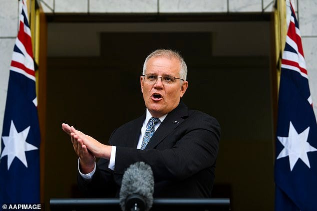 Meanwhile, PM Scott Morrison (pictured) announced all concession card holders - more than six million Australians - will be given access to 10 free rapid antigen tests