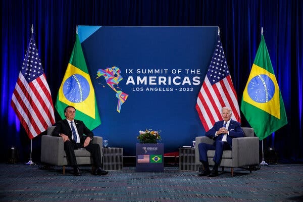 President Biden and President Jair Bolsonaro of Brazil met on Thursday in Los Angeles. Brazil has continued to import fertilizer from Russia and Belarus, an ally of Moscow.