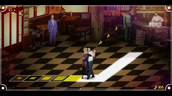 Captura da tela de El Tango de la Muerte. Ao centro, um casal dança em um piso quadriculado. Alguns quadrados brilham indicando o caminho a ser feito. Em volta, um bar, com mesas, janelas, portas e bebidas.