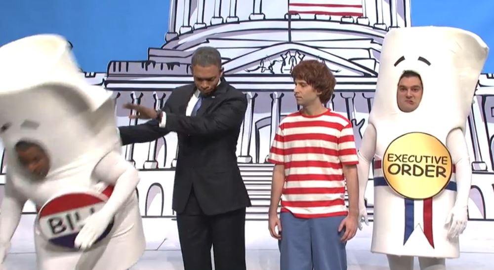 Image from Saturday Night Live sketch where President Obama violently replaces Bill with an Executive Order