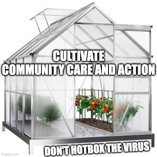 Photo of a greenhouse with vegetable garden plants growing inside the caption reads cultivate community care and action don’t hotbox the virus.