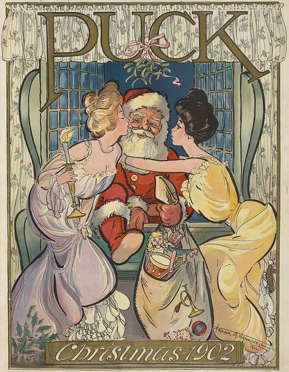 Santa sits on the edge of a window as two beautiful women embrace him